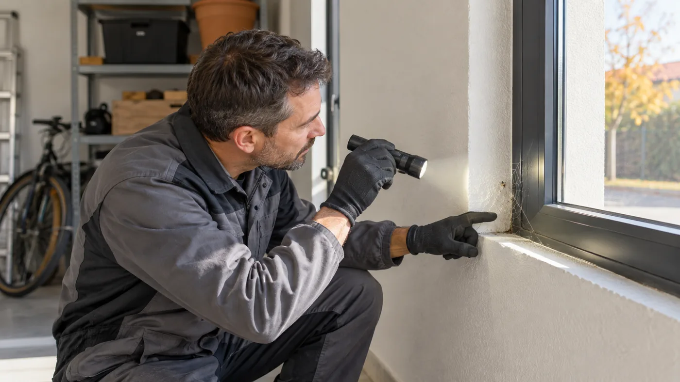 Técnico inspeccionando una telaraña junto a una ventana de una vivienda en Palau-solità i Plegamans
