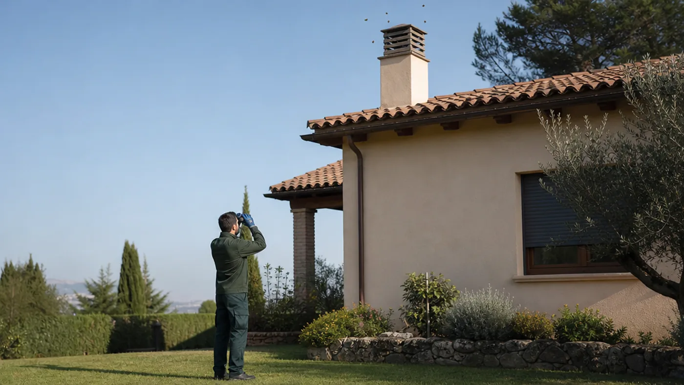 Técnico inspeccionando desde el jardín posibles avispas junto a una chimenea en Palau-solità i Plegamans