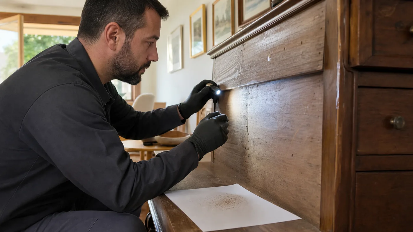 Técnico inspeccionando agujeros y polvillo de carcoma en un mueble antiguo en Palau-solità i Plegamans
