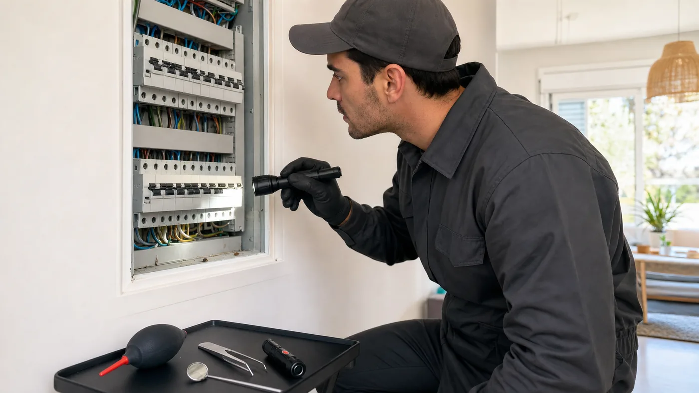 Técnico inspeccionando un cuadro eléctrico por posibles señales de cucarachas en una vivienda de Palau