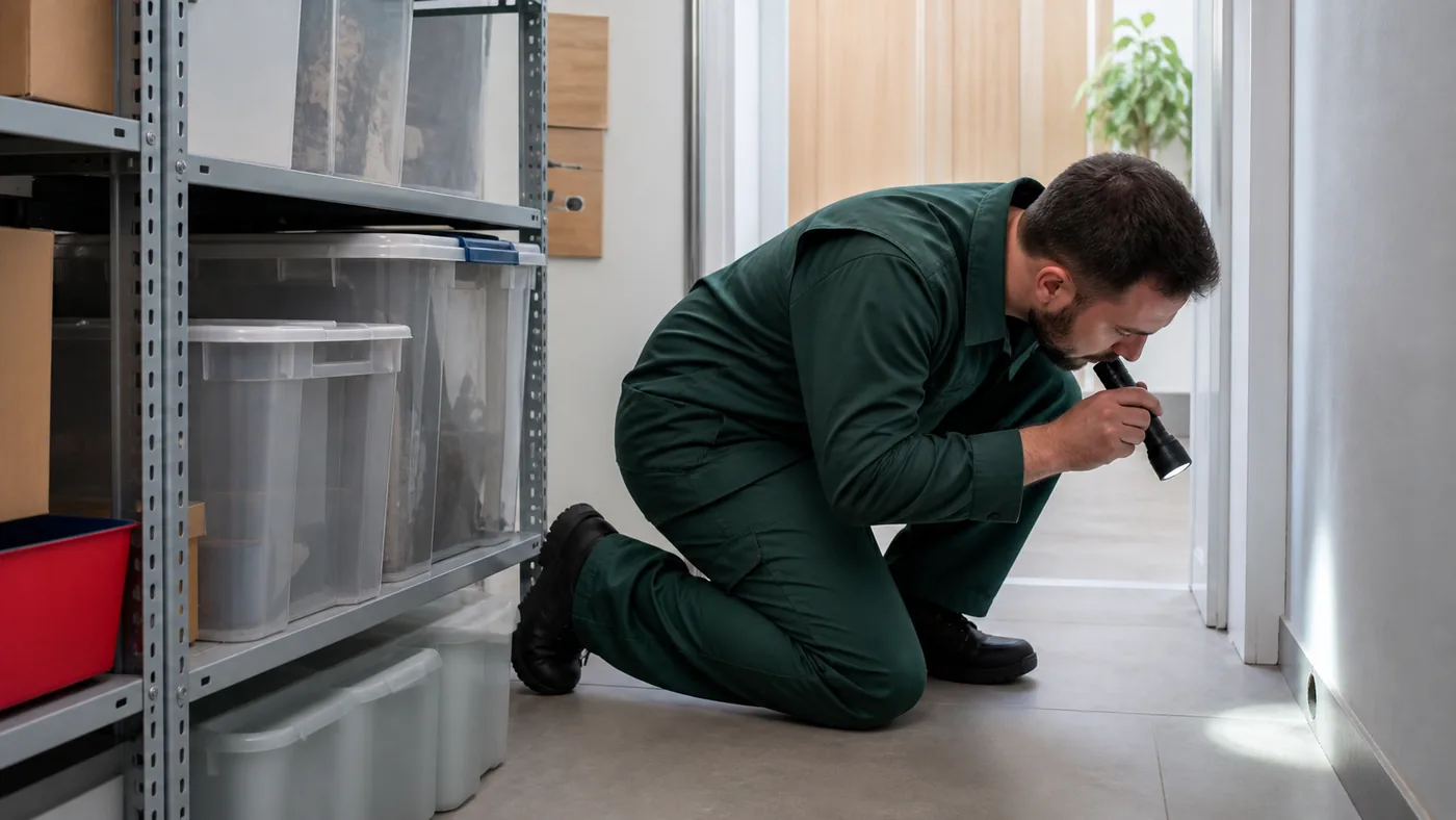 Técnico inspeccionando posibles indicios de ratones en un trastero de Palau-solità i Plegamans