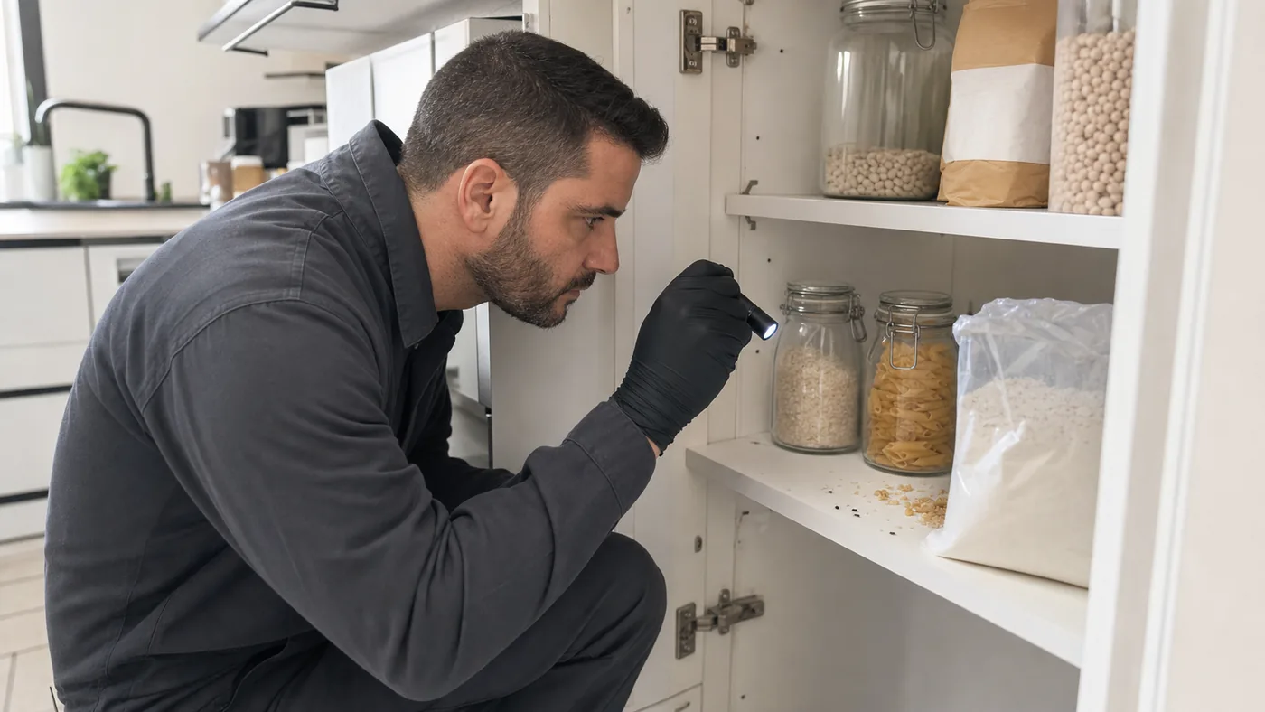Técnico inspeccionando alimentos secos por una posible plaga de despensa